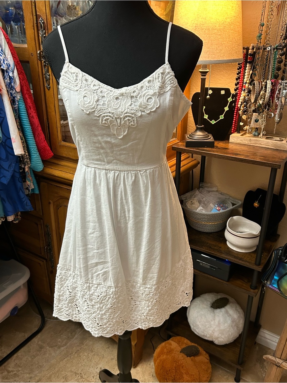 Abercrombie & Fitch White Lace-Detail Spaghetti Strap Mini Dress